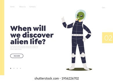 Discover alien life concept of landing page with space craft alien astronaut. Green cosmos monster. Cute cartoon alien character on template background. Flat vector illustration