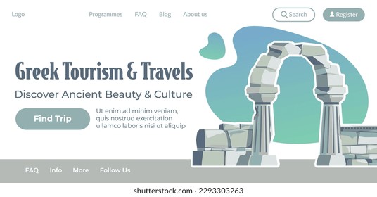 Discover ancient culture and beauty by traveling in Greece, Greek tourism and trips, and tours of famous landmarks and sights. Website landing page template, internet site. Vector in flat style