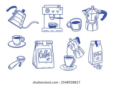 Discover artistic sketches set of coffee tools, cups, and coffee lovers and different brands
