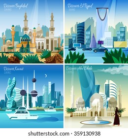 Discover baghdad kuwait  and abu dhabi largest arabic cities 4 flat icons square composition webpage vector illustration 