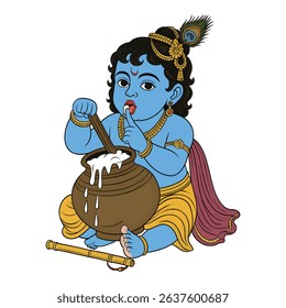 Discover a beautiful depiction of Bal Krishna, the playful child form of Lord Krishna, enjoying butter from a pot. This divine cartoon-style image symbolizes Krishna's mischief and charm 
