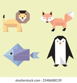 Discover beautifully crafted geometric origami animal illustrations, featuring a lion, fox, fish, and penguin. Perfect for modern and creative designs