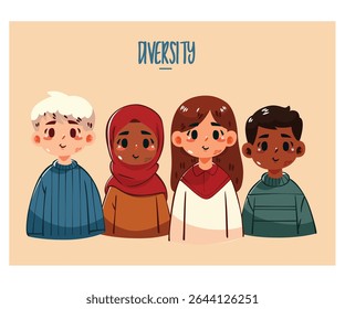 Descubra a beleza da diversidade e do multiculturalismo com uma ilustração cativante de um grupo de crianças de desenho animado representando solidariedade e unidade. Explore o poder da inclusão e da aceitação.