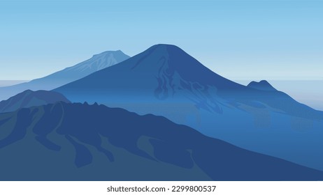 Discover the beauty of Mount Prau of Indonesia's outdoor landscape with this stunning panoramic vector wallpaper. Featuring breathtaking views of misty mountains, cliffs, and valleys.