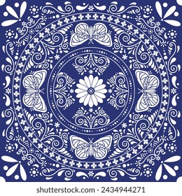 Discover the beauty of Talavera de Puebla: Vector illustration of the iconic traditional Mexican Talavera de Puebla tile with a flower design with butterflies.