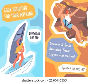 Discover and book amazing travel experiences online, sign up and get discounts and sales. Activities for your weekends. Climbing or surfing by seaside, vacation and rest. Vector in flat styles