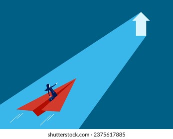 Discover business growth. Businesswoman flying in a paper rocket heading towards the growth arrow gate