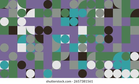 Descubra um cativante padrão geométrico abstrato com cores vibrantes e formas únicas em um fundo roxo, perfeito para designs modernos.