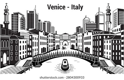 Discover a captivating black-and-white vector artwork blending historic Venetian canals with a modern skyscraper skyline, perfect for travel branding, editorial illustrations, or contemporary wall art.