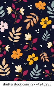 Discover the charm of this hand drawn floral pattern. Vibrant petals meet a moody navy backdrop, creating a timeless look for your next big creative project. It is truly a must have for designers