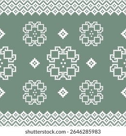 Descubra o charme do bordado de pixel tradicional com este padrão floral sem costura em verde e branco sábio macio. Inspirado pela arte têxtil tailandesa do ponto de cruz.