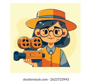 Descubra o charme de câmeras de cinema vintage com um personagem segurando um, perfeito para cineastas e entusiastas da fotografia. Capture a nostalgia e criatividade com esta imagem única.