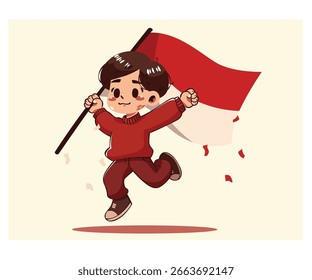 Descubra a arte encantadora de um menino de desenho animado segurando a bandeira da Indonésia - ideal para celebrações, eventos e decorações do Dia da Independência da Indonésia.