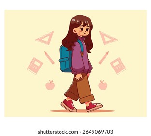 Discover a charming back to school illustration featuring a cartoon girl with a school bag. Perfect for creative projects and classroom fun!