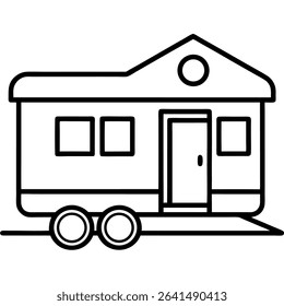 Discover a charming black and white illustrated tiny house on wheels vector design, perfect for travel and lifestyle projects.