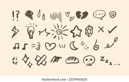 Discover a charming set of hand-drawn doodle vectors, featuring diamonds, light bulbs, broken hearts, speech bubbles, and angry symbols. 