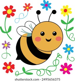 Discover a charming vector illustration of a cute bee with vibrant flowers for kids design on a pristine white background, ideal for t-shirt design projects.