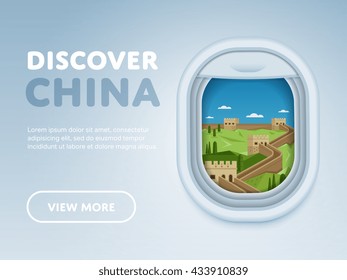 Discover China. Tour to oriental country. World traveling by plane. Vector airplane porthole with view on Great Wall of China illustration. Visit Chinese attraction invitation. Tourism and vacation