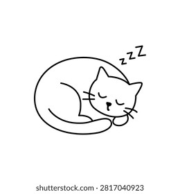 Discover a clean and minimalist vector line art illustration featuring a cute curled-up cat peacefully sleeping with 