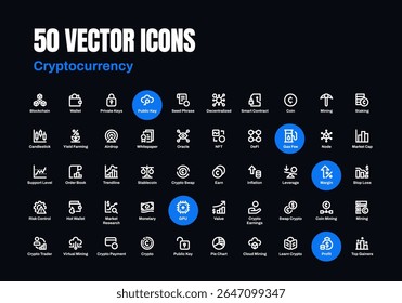 Descubra uma coleção limpa e moderna de 50 ícones de criptomoeda, perfeitamente trabalhados para aplicativos fintech, projetos blockchain, sites de criptografia, plataformas de intercâmbio, painéis NFT e muito mais.