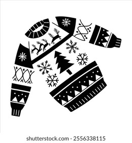 Discover a collection of ugly Christmas sweater vector designs featuring knitted jumpers with festive winter patterns. Perfect for seasonal projects, cards, and apparel design.