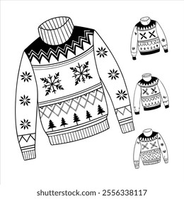 Discover a collection of ugly Christmas sweater vector designs featuring knitted jumpers with festive winter patterns. Perfect for seasonal projects, cards, and apparel design.