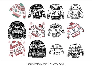 Discover a collection of ugly Christmas sweater vector designs featuring knitted jumpers with festive winter patterns. Perfect for seasonal projects, cards, and apparel design.