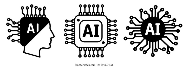 Discover a collection of vector icons showcasing AI chipsets and brain designs, perfect for technology and innovation projects.