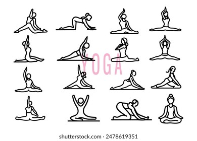 Descubra es una colección de Ilustraciones vectoriales que exhiben varias poses de yoga perfectas para mejorar su bienestar, condición física y rutinas de atención plena.