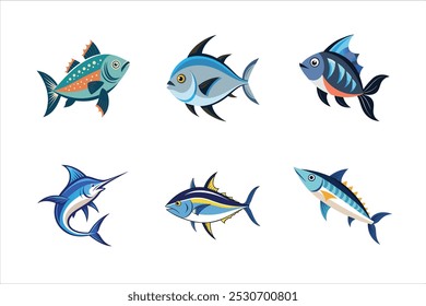 Discover the Colorful Commercial Fish Icons, a set of vector illustrations showcasing different commercial fish species from around the world. Ideal for use in branding, infographics resources