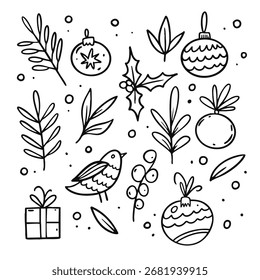 Entdecken Sie kreative schwarz-weiße Doodles von Weihnachtsschmuck, Blättern und Geschenken für festliche Projekte