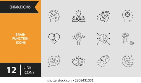 Discover a creative brain function icons outline icon set depicting cognitive thinking memory logic human intelligence and mental processing graphics for educational websites