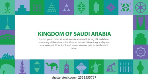 Discover the cultural and architectural symbols of the Kingdom of Saudi Arabia, presented in a vibrant border design. Perfect for national celebrations, posters, and creative projects!