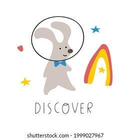 Discover. Cute baby rabbit in space. Hand drawn vector illustration for kids.