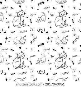Discover a cute black and white seamless vector pattern featuring playful cats in various poses—including scratching behind the ear, stretching, and sleeping curled up. Accentuated with fishbones, hearts, stars, and handwritten 