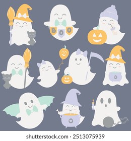 Discover cute Halloween ghost bundle in pastel colors. Perfect for kids' Halloween decorations. Ideal for spooky yet fun creations!