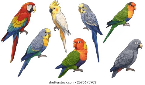 Discover a dazzling array of exotic parrots, each with unique vibrant colors and charming personalities. Ideal for projects celebrating nature, pets, and the beauty of wildlife.