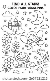 Discover a delightful coloring page filled with enchanting stars, fairy wings, and beautiful shades of pink for your artistic enjoyment