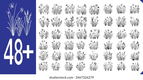 Discover detailed hand-drawn black silhouettes of grass, flowers, herbs, and insects on a white background. Ideal for nature-themed designs and illustrations.