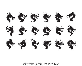 Discover a dynamic collection of black dragon head silhouettes, perfect for diverse design applications.