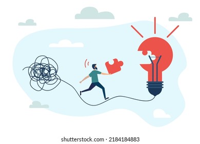 Discover easy way to understand concept. Simplify idea to find solution, thinking process or creativity to solve problem. Smart businessman walking away from mess chaos line to simple lightbulb idea.