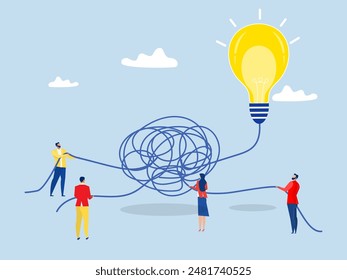 Discover easy way to understand concept,Team business Solve away from mess chaos line to simple lightbulb idea.Simplify idea to find solution vector illustrator