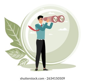 Discover economic recovery,  financial professionals business people focus looking ahead through binoculars to see graphs and charts.