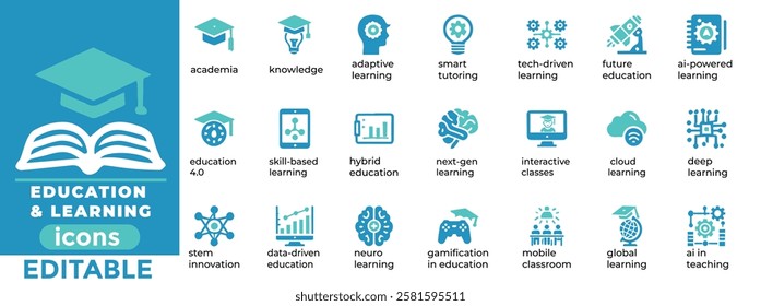 Discover editable Education and Learning vector icons. Perfect for e learning, AI teaching, STEM, and global education designs