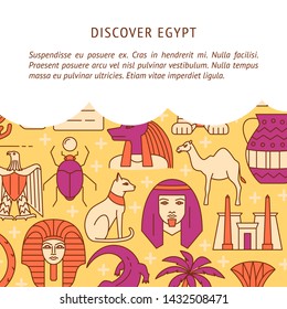 Discover Egypt concept background in colored line style. Banner with national country symbols. Vector illustration with place for text.