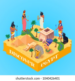 Discover egypt isometric poster with ancient egyptian gods and pyramids on blue background 3d vector illustration