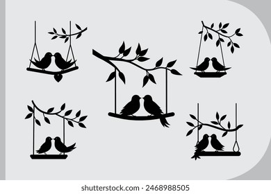 Discover the elegance of a bird couple silhouette vector, perfect for wall decals and art. Embrace the romance of lovebirds on a swing.