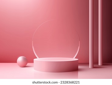 Discover the elegance of our 3D realistic pink podium set against a transparent glass backdrop, creating a modern interior concept mockup. This stunning design features a pink ball. vector illustrator