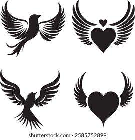 Discover elegant bird silhouettes and winged heart vectors for creative projects, including tattoos, digital art, and decorations. Perfect for representing freedom, love in stunning designs.
