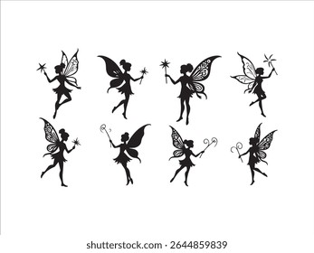 Discover an elegant silhouette collection of graceful fairies with wings and magic wands in a stunning vector format.